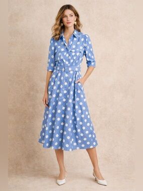 Essentiel Antwerp Blue Polka Dots Fingy Puff-Sleeve Button‎ Up Belted Midi Dress